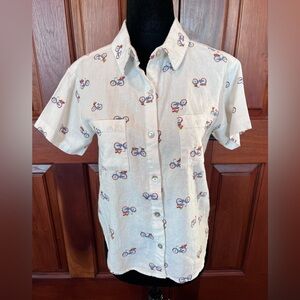 Rae Dunn Womens Linen Blend Bicycle Bike Print Button Shirt Blouse Top Medium